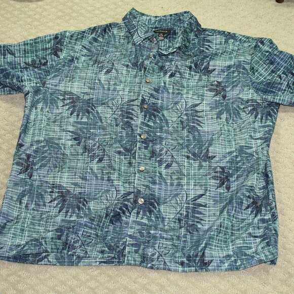 90s Van Heusen Mens L Blue Green Hawaiin Tropical Plaid Polyester Casual Shirt - Picture 1 of 4